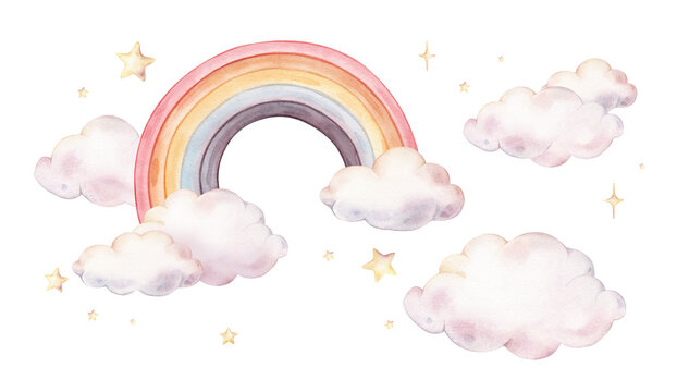 Hand drawn watercolor illustration of the stars and clouds for Baby shower invitations or nursery wall art. Drawing sky with Rainbow for conveying a dreamy, mystical atmosphere for kids greeting cards