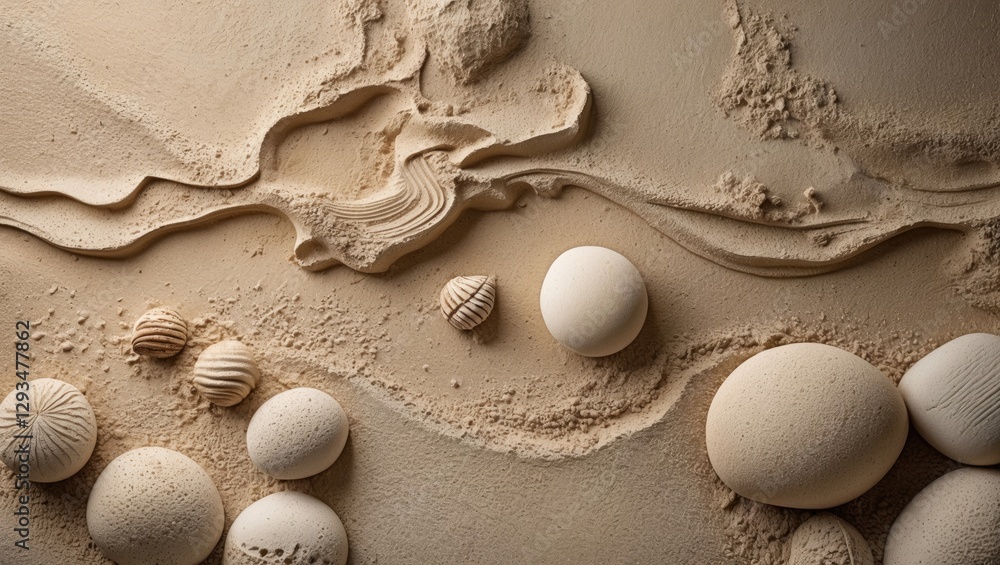 Aufkleber sand wash texture background with decorative shells and stones for architecture and design projects 
