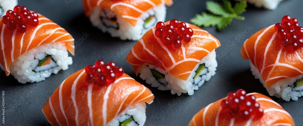 Poster sushi assortment featuring salmon and red caviar on a dark background with space for text or brandin
