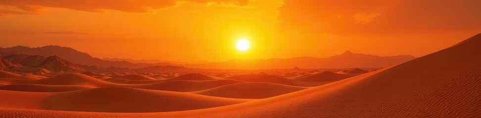 Obraz premium Desert landscape with orange sky and bright sun, global warming, nature
