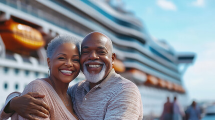 A happy elderly african american couple takes a selfie an ocean cruise ship in the background in a busy seaport, ready to travel and summer vacation