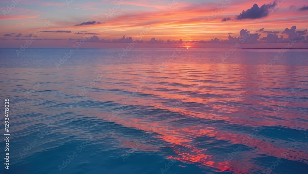 Poster tranquil sunset over ocean waves with colorful sky and reflection ideal for inspirational text or ba