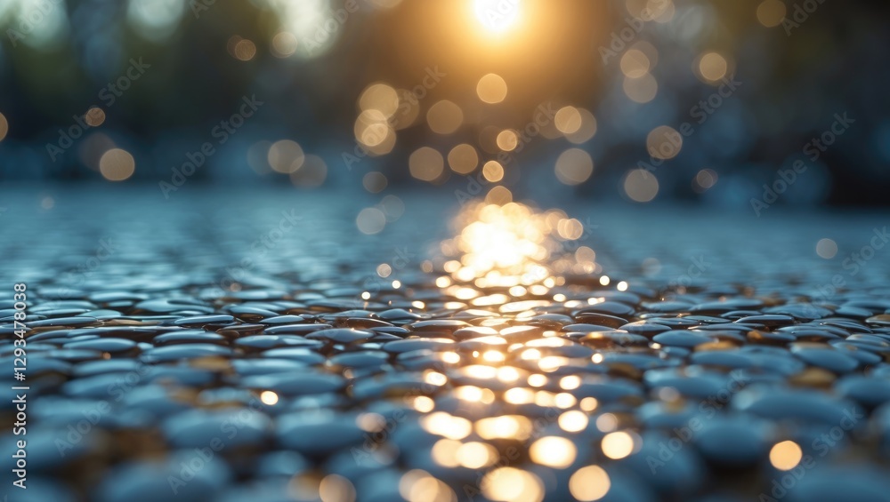 Poster sunlit pebbles background with dreamy bokeh effect, ideal for graphic design and artistic projects, 