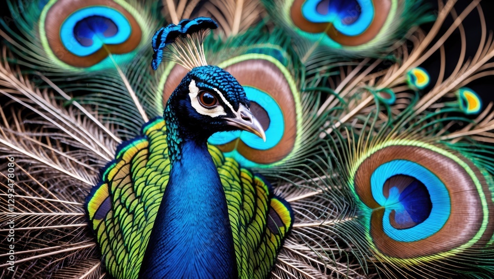Poster vibrant close-up of peacock feathers showcasing intricate patterns and stunning iridescent colors in