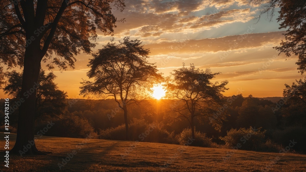 Aufkleber serene sunset over landscape with silhouetted trees and soft light ideal for text overlay or backgro