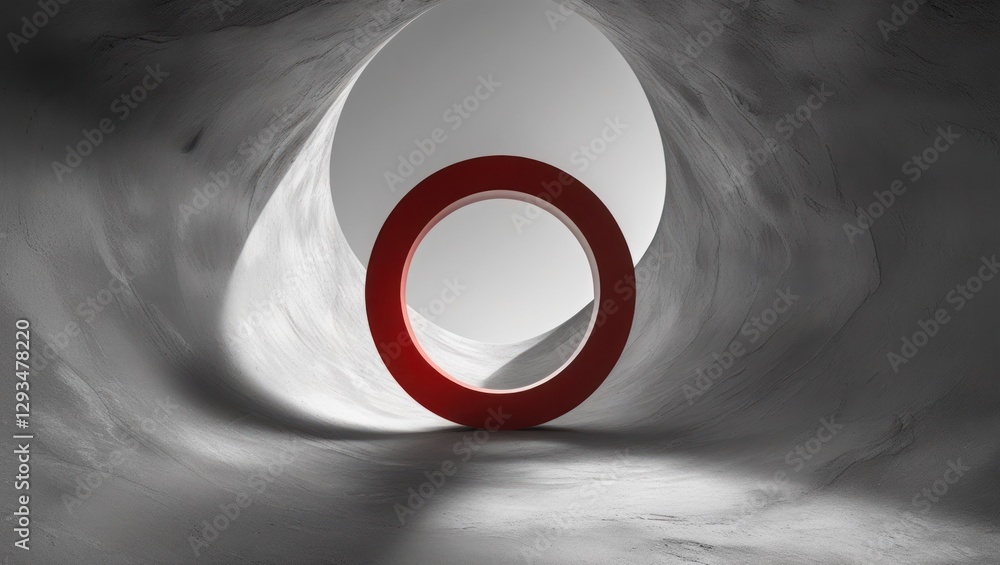 Poster abstract red circle sculpture in a gray tunnel with soft lighting showcasing depth and modern design