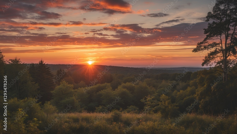Poster vibrant sunset over lush forest landscape with expansive copy space for text and creative design ele