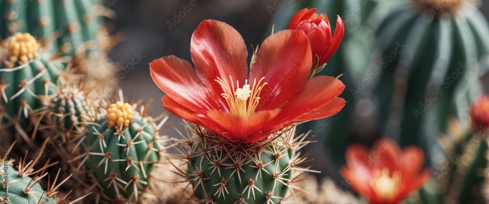 Poster red blooming flower on cactus in macro detail with natural background for text overlay and design el