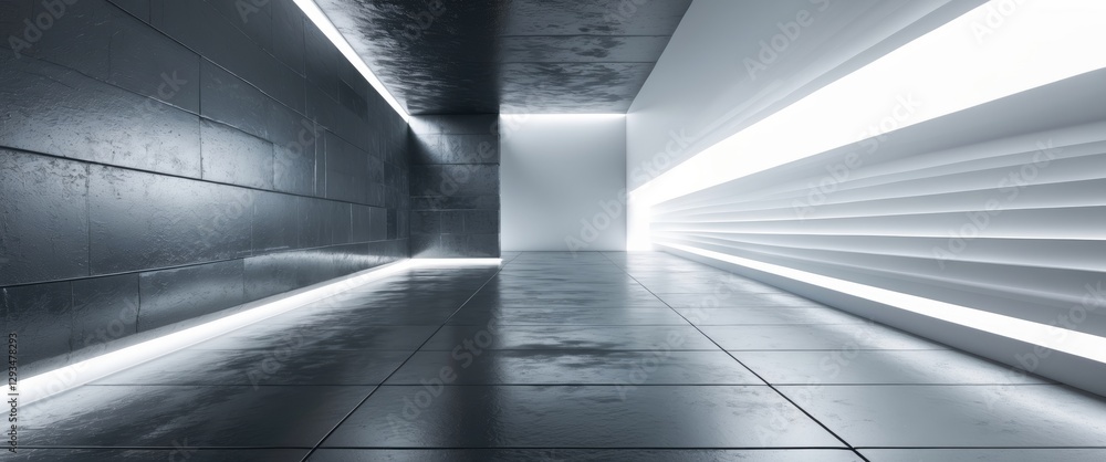 Poster modern abstract corridor with gradient light and sleek metallic textures showcasing a clean, tech-in