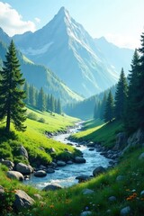 Obraz premium Forested mountainous terrain with river and meadows, trees, rugged