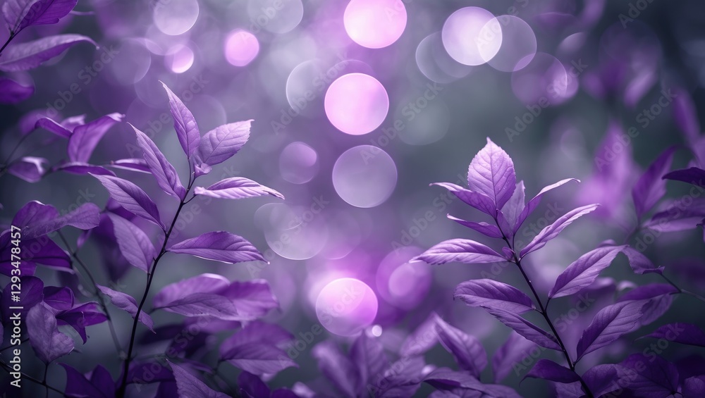 Poster purple foliage background with soft focus leaves and glowing bokeh lights creating an abstract desig