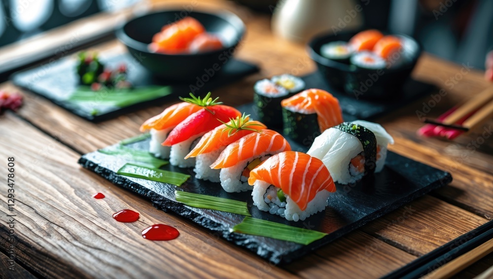 Poster sushi set displayed on slate board with fresh sashimi accompanied by side dishes and empty space for