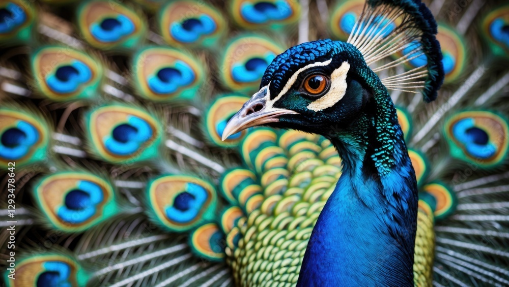 Poster vibrant and colorful close-up portrait of a peacock displaying its intricate feathers and striking f