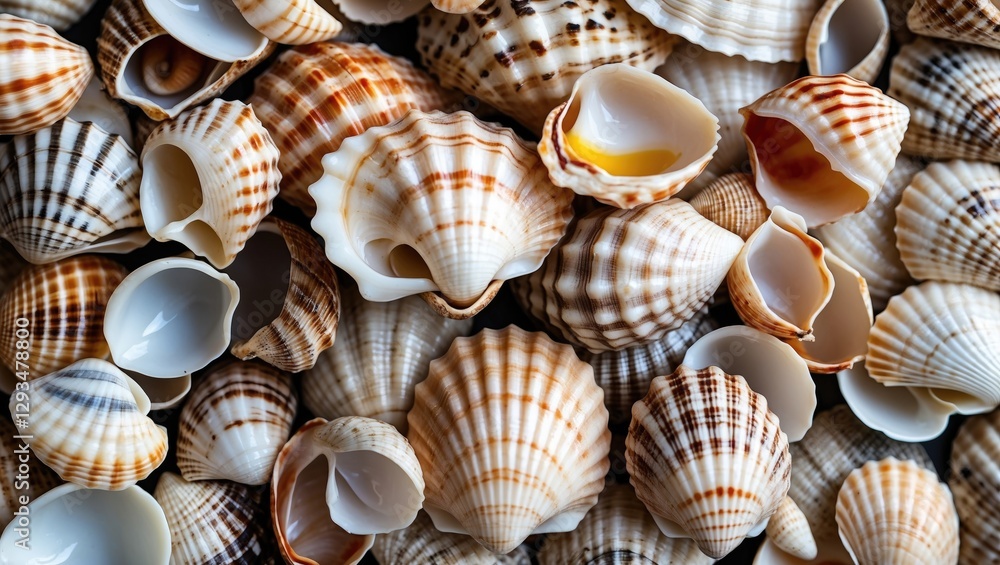 Poster close-up of assorted seashells arranged in a decorative pile showcasing intricate patterns and natur