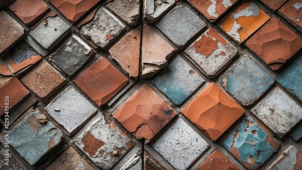 Poster textured pattern of weathered, chipped ceramic tiles on an old building showcasing rustic charm and 