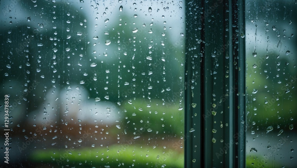 Poster raindrops cascading down a window creating a serene backdrop of nature through blurred glass on a ra