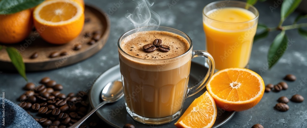 Poster refreshing coffee and orange juice with coffee beans and oranges on table featuring empty space for 