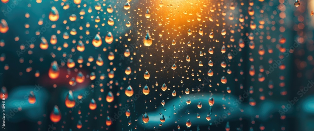Poster raindrops on glass window with blurred background and warm sunset glow creating a serene and atmosph