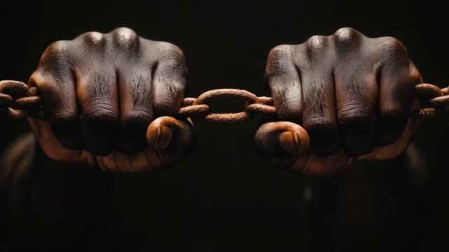 This striking visual captures hands firmly grasping a heavy chain, emphasizing themes of struggle and strength. The dark background enhances the focus on the powerful message within the imagery