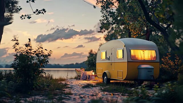 A tranquil evening unfolds by the lakeside, where a yellow caravan glows warmly beside a crackling campfire amidst nature