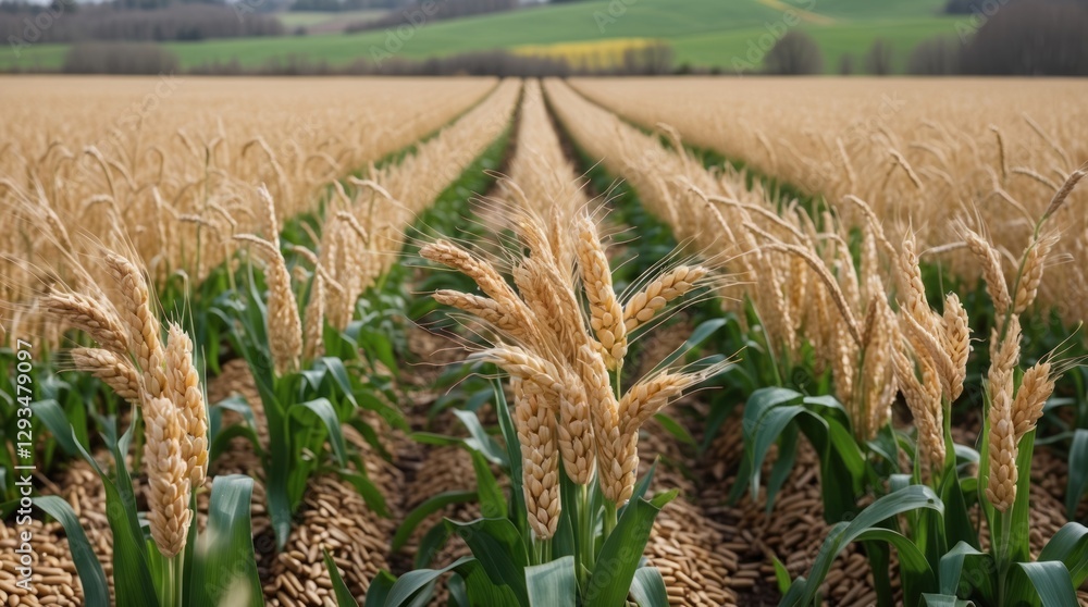 Poster cereal fields in spring showcasing ripening grains and lush rows under a clear sky in a picturesque 