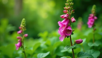 Fototapeta premium Foxglove Beardtongue flowers growing amidst lush green foliage and leaves,, Oklahoma flora, native plant