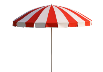 Red and white striped beach umbrella isolated on a transparent background, cutout PNG