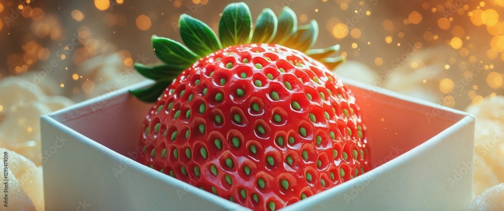 Poster vibrant red strawberry displayed in a white box with a soft blurred background creating an appealing