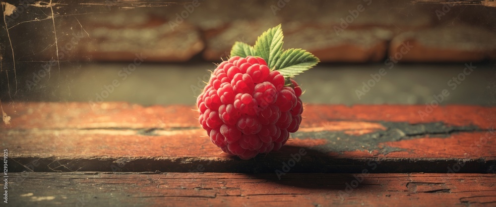 Poster ripe raspberry resting on rustic wooden surface with natural lighting highlighting its texture and v