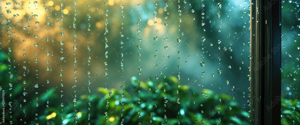 Poster raindrops glistening on a window with a vibrant green background creating a serene and tranquil atmo