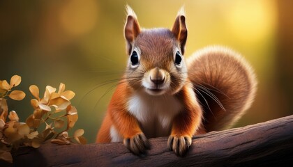 Obraz premium Cute Squirrel Amidst Autumn Leaves, Playfully Posing with Acorn in a Serene Forest Scene, Radiating Joy and Whimsy.