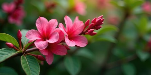 Fragrant pink flower buds on a dense Photinia branch, floral, foliage