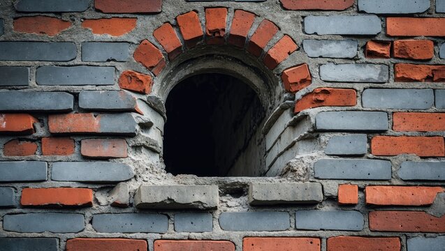 Close up of an ancient chimney wall featuring a rectangular window arch made of textured grey and red bricks in Ireland.