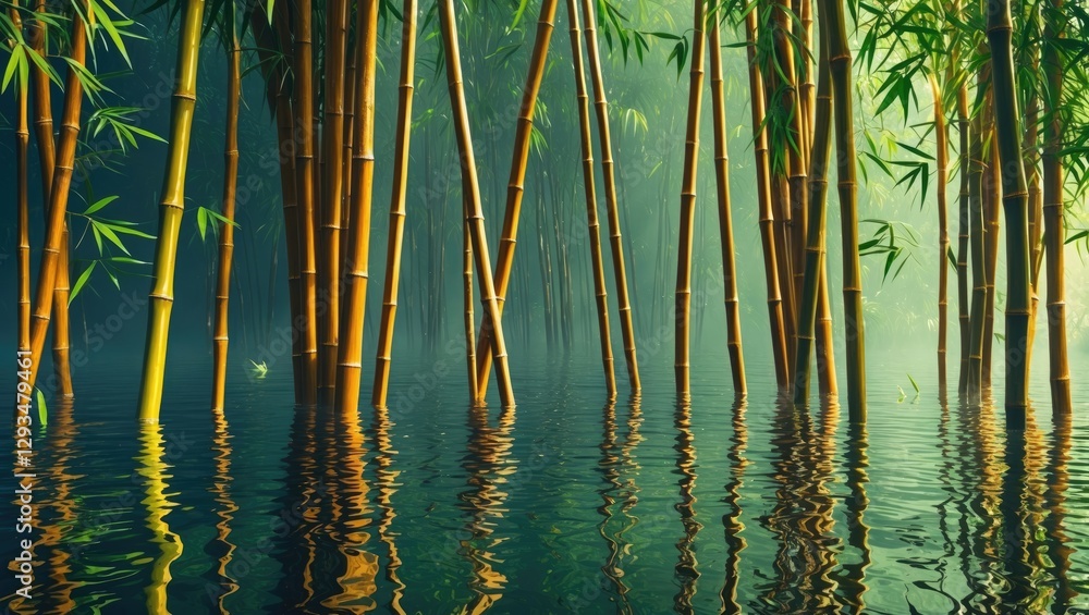 Poster serene bamboo forest reflected in tranquil water creating a calming natural texture background ideal