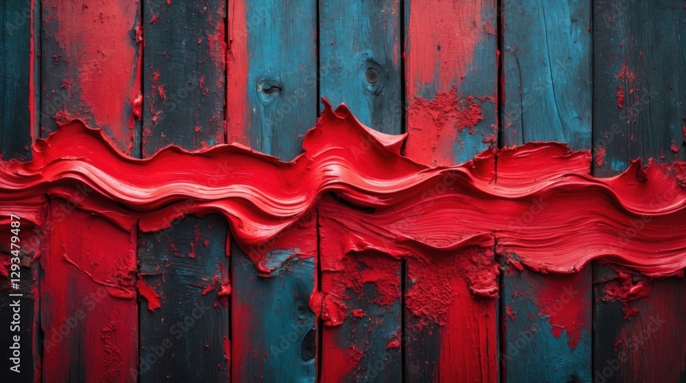 Poster vibrant red and blue abstract wood texture with dynamic paint strokes creating a visually striking b
