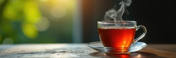 Fragrant steam rises from tea as it's poured into a glass cup, steam, tea, glass
