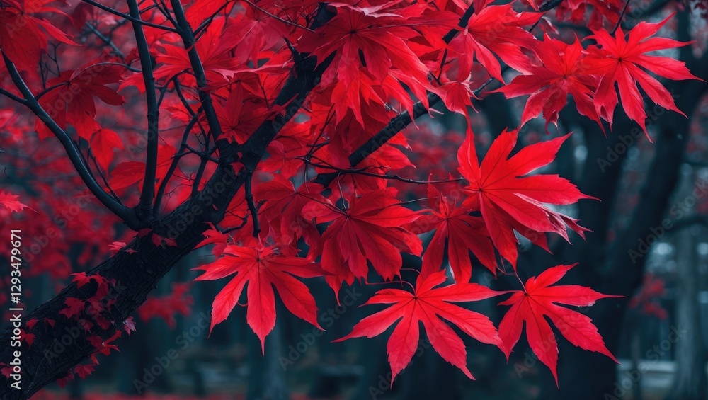 Poster vibrant red maple leaves creating a stunning autumn backdrop in a serene natural setting