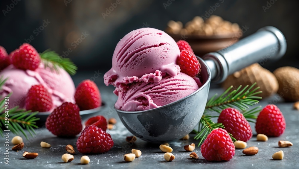 Aufkleber raspberry ice cream scoop garnished with pine nuts and fresh raspberries on a dark background with p