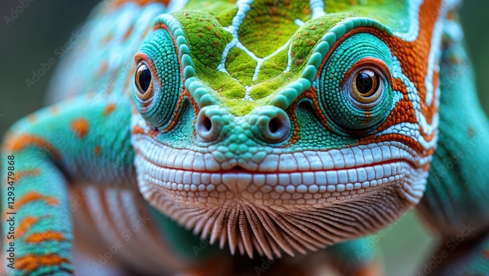 Poster close-up portrait of a colorful chameleon with intricate patterns and vibrant colors in natural habi