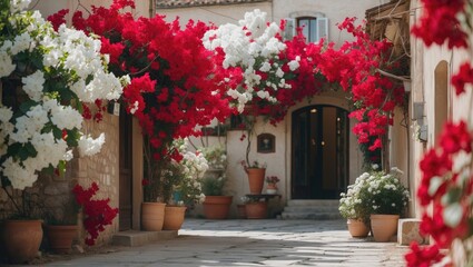 Naklejka premium Colorful Bougainvillea Flowers in a Quaint Village Alley with Cobblestone Path and Abundant Greenery Ideal for Text Overlay