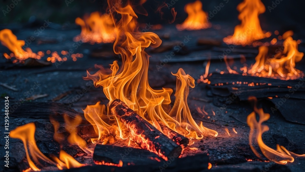 Poster vibrant fire flames texture with ashes and logs creating a realistic background ideal for overlays a