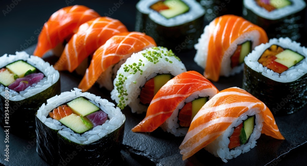 Poster sushi rolls displayed on a dark slate background with fresh salmon and assorted vegetables for a gou