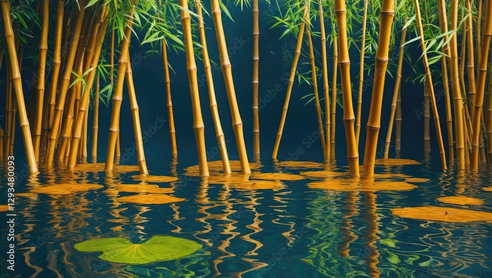 Aufkleber bamboo stalks standing in tranquil water with floating lily pads creating a serene natural backgroun