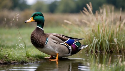 Obraz premium Colorful Male Duck Near Pond in Meadow Surrounded by Green Grass and Natural Landscape Under Cloudy Sky