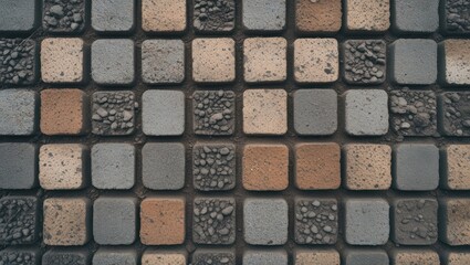 Fototapeta premium Ground surface with textured block pattern featuring a mix of earthy colors and diverse textures for urban landscaping or architectural design.
