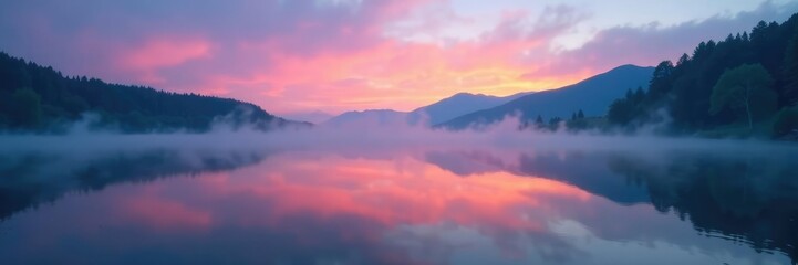 Fototapeta premium Gentle mist rises from water surface as twilight falls softly on serene lake shore, calm, fog, serenity