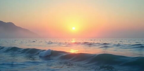 Fototapeta premium Gentle mist rising from the calm sea surface at sunrise, serene landscape, calm sea, soft colors