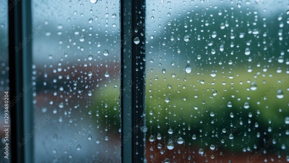 Poster raindrops glistening on a windowpane creating a serene atmosphere with blurred greenery in the backg