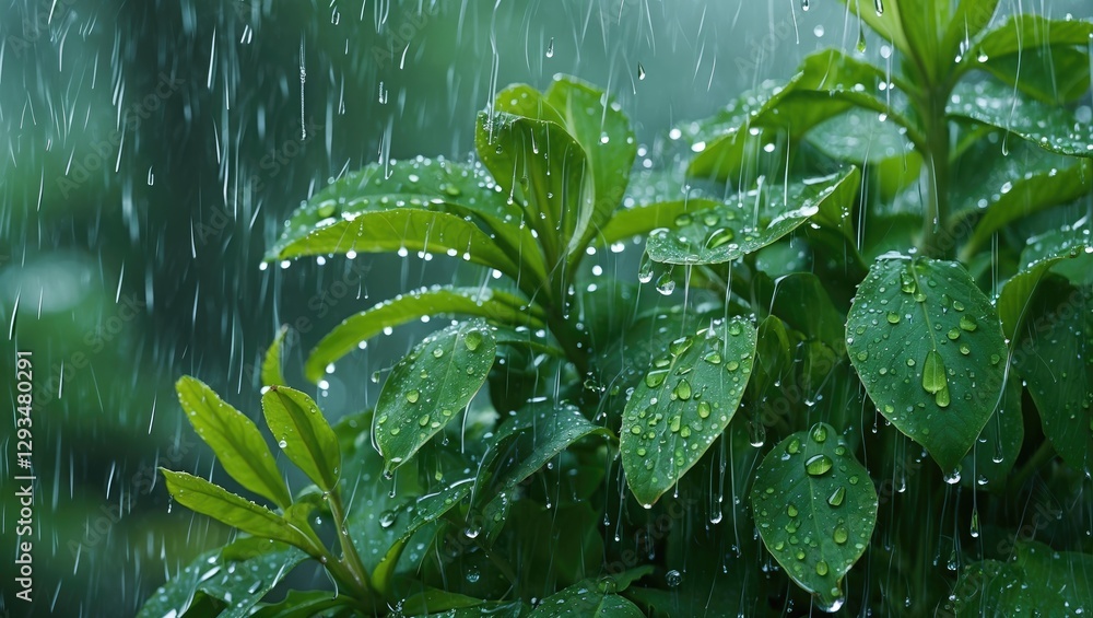 Poster vibrant green leaves covered in raindrops with cascading rain creating a serene and refreshing natur