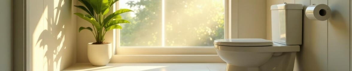 Fototapeta premium Gentle morning light pours through the window, peaceful morning scene, white toilet,